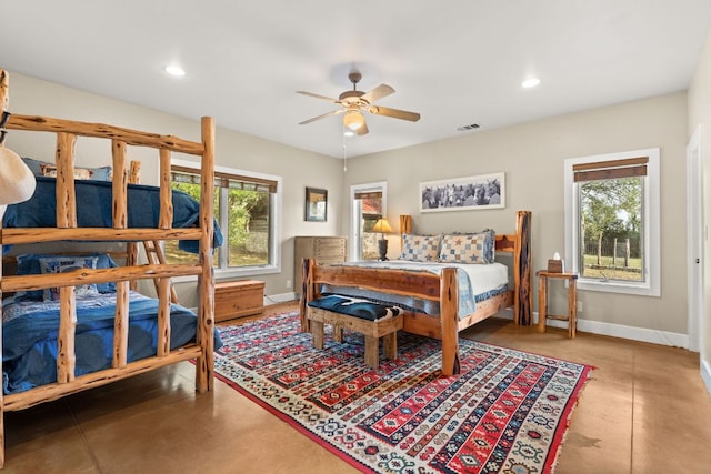 492 Billy Sisson Rd, Johnson City, TX 78636 - bedroom featuring multiple windows, baseboards, recessed lighting, and ceiling fan