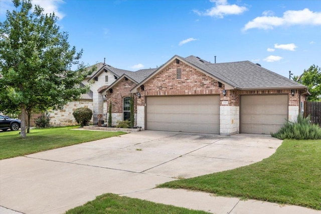 2313 Jake Pickle Pass, Leander, TX 78641 - french country inspired facade featuring brick siding, a front yard, a garage, and a shingled roof