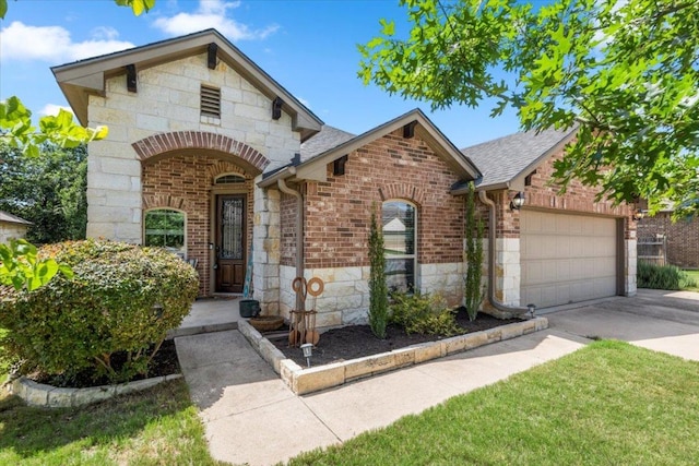 2313 Jake Pickle Pass, Leander, TX 78641 - french country inspired facade with stone siding, a garage, concrete driveway, brick siding, and roof with shingles