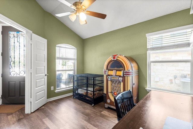 2313 Jake Pickle Pass, Leander, TX 78641 - office featuring wood finished floors, a ceiling fan, and high vaulted ceiling