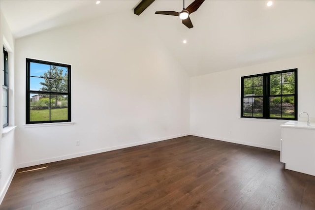 416 Kayak Way Unit 1, Austin, TX 78738 - empty room featuring plenty of natural light, beamed ceiling, dark wood-type flooring, a ceiling fan, and recessed lighting
