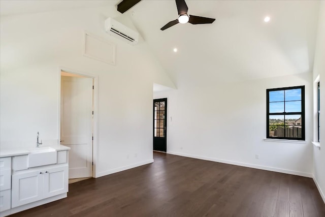 416 Kayak Way Unit 1, Austin, TX 78738 - unfurnished living room featuring a wall mounted air conditioner, high vaulted ceiling, a ceiling fan, beam ceiling, and dark wood-style flooring