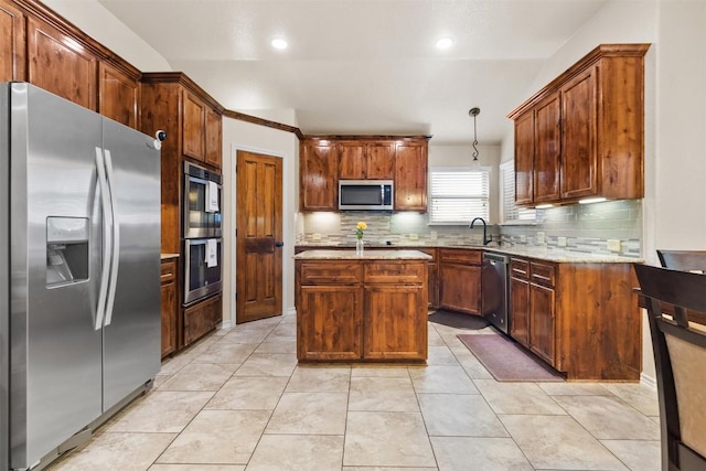 2034 Falling Leaf Ln, Harker Heights, TX 76548 - kitchen featuring stainless steel appliances, a sink, backsplash, hanging light fixtures, and recessed lighting