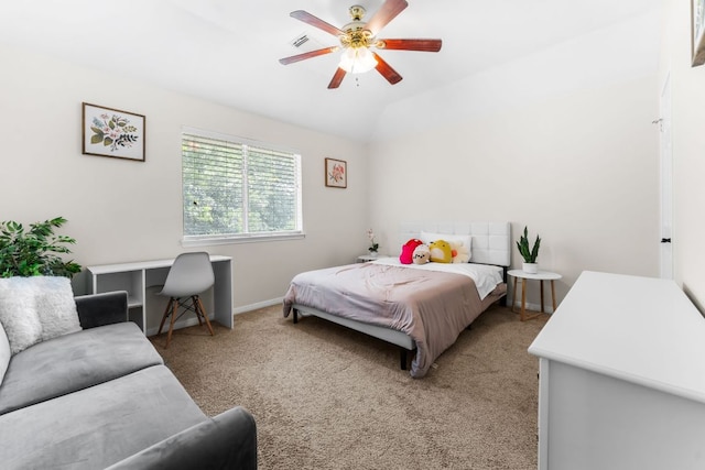 15150 Galena Dr, Austin, TX 78717 - bedroom featuring light carpet, baseboards, lofted ceiling, and a ceiling fan