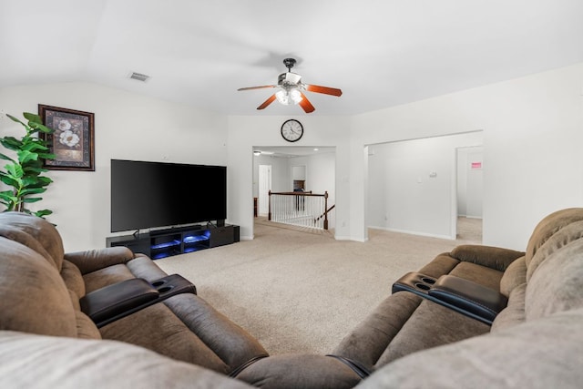 15150 Galena Dr, Austin, TX 78717 - living area featuring light carpet, ceiling fan, vaulted ceiling, and baseboards