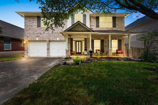 15150 Galena Dr, Austin, TX 78717 - view of front facade with concrete driveway, a garage, brick siding, and a porch