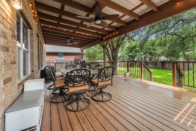15150 Galena Dr, Austin, TX 78717 - wooden terrace featuring a ceiling fan and outdoor dining area