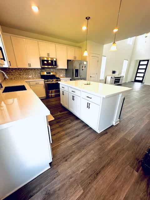 2376 Sawdust Dr, Georgetown, TX 78633 - kitchen featuring stainless steel appliances, a sink, dark wood-style floors, decorative backsplash, and a kitchen island
