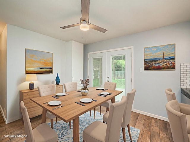 410 Blueberry Hl, Austin, TX 78745 - dining area featuring french doors, wood finished floors, and a ceiling fan