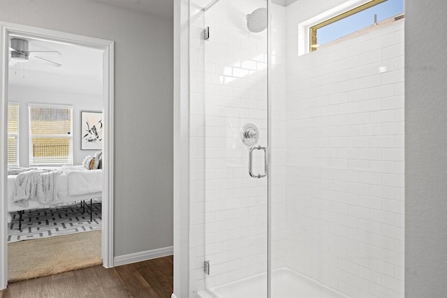 19825 Abigail Fillmore Rd, Manor, TX 78653 - ensuite bathroom featuring a shower stall, wood finished floors, and ceiling fan