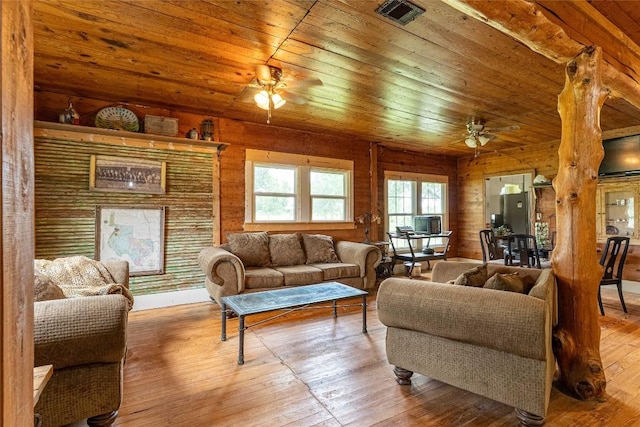 802 Smith Rd, Rockdale, TX 76567 - living room with a ceiling fan, wooden ceiling, hardwood / wood-style flooring, and wood walls