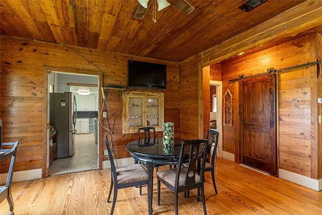802 Smith Rd, Rockdale, TX 76567 - dining area with wooden walls, wooden ceiling, light wood finished floors, ceiling fan, and baseboards