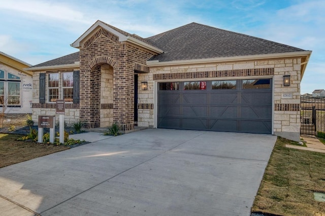 17112 Vernal Rd, Manor, TX 78653 - french country home with stone siding, an attached garage, driveway, and roof with shingles