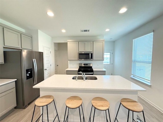 12006 Curlin Cv, Buda, TX 78610 - kitchen featuring appliances with stainless steel finishes, light wood-style floors, a sink, a breakfast bar, and a kitchen island with sink