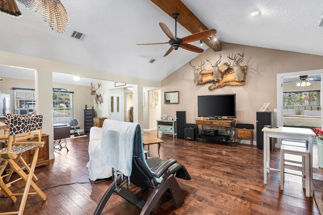 2201 Carolyn Dr, Taylor, TX 76574 - living room with ceiling fan, hardwood / wood-style flooring, and a textured ceiling