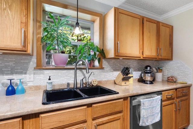 2201 Carolyn Dr, Taylor, TX 76574 - kitchen with dishwasher, light countertops, decorative backsplash, hanging light fixtures, and crown molding