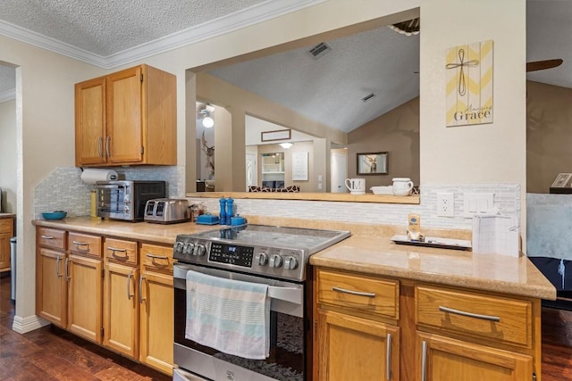 2201 Carolyn Dr, Taylor, TX 76574 - kitchen featuring stainless steel range with electric cooktop, decorative backsplash, dark wood-type flooring, a textured ceiling, and lofted ceiling