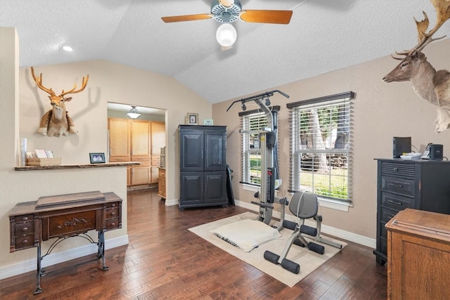 2201 Carolyn Dr, Taylor, TX 76574 - workout area with a textured ceiling, a ceiling fan, vaulted ceiling, and dark wood-style flooring
