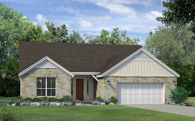 1851 Dancing Oak Ln, San Marcos, TX 78666 - view of front of home with stone siding, board and batten siding, a garage, a front lawn, and roof with shingles