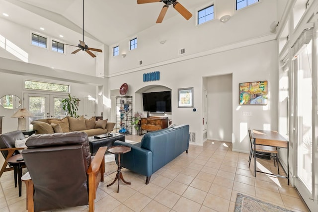 9300 N Madrone Trl, Austin, TX 78737 - living area featuring ceiling fan, high vaulted ceiling, and light tile patterned floors