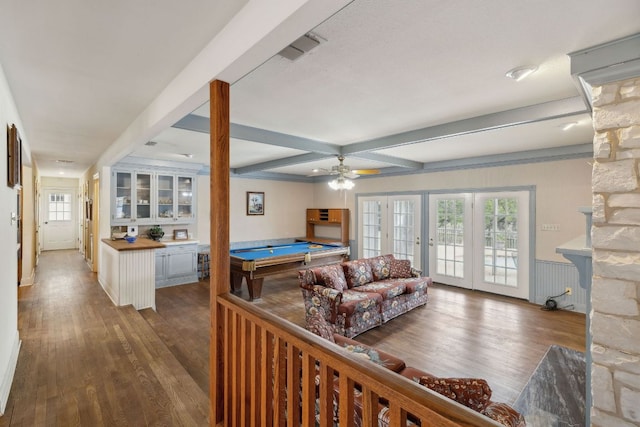 27846 Natural Bridge Caverns Rd, San Antonio, TX 78266 - playroom featuring pool table, a ceiling fan, wood finished floors, beam ceiling, and healthy amount of natural light