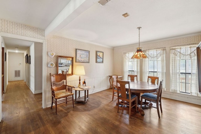 27846 Natural Bridge Caverns Rd, San Antonio, TX 78266 - dining room with wallpapered walls, wood finished floors, ornamental molding, and baseboards
