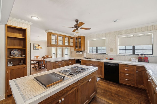 27846 Natural Bridge Caverns Rd, San Antonio, TX 78266 - kitchen featuring dishwasher, ornamental molding, a sink, glass insert cabinets, and dark wood-style flooring