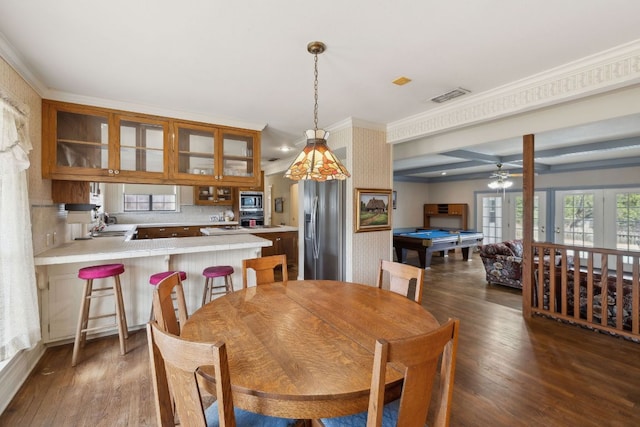 27846 Natural Bridge Caverns Rd, San Antonio, TX 78266 - dining room with pool table, hardwood / wood-style flooring, crown molding, and ceiling fan