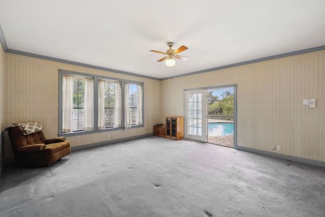 27846 Natural Bridge Caverns Rd, San Antonio, TX 78266 - carpeted empty room with ornamental molding, ceiling fan, and baseboards