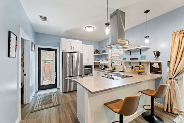 810 Monterrey St, Lockhart, TX 78644 - kitchen featuring appliances with stainless steel finishes, open shelves, island exhaust hood, dark wood-style flooring, and a peninsula