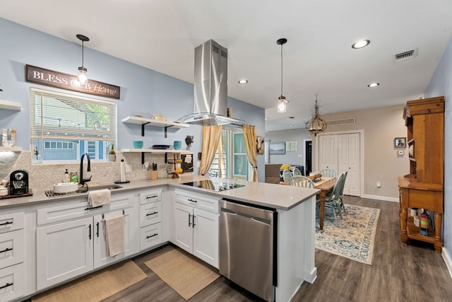 810 Monterrey St, Lockhart, TX 78644 - kitchen featuring open shelves, island range hood, stainless steel dishwasher, black electric cooktop, and recessed lighting