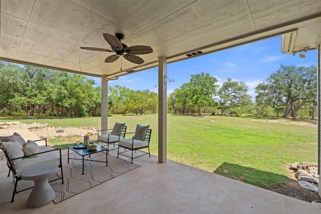 14717 Crosscreek Dr, Austin, TX 78737 - view of patio with ceiling fan, view of wooded area, and outdoor lounge area