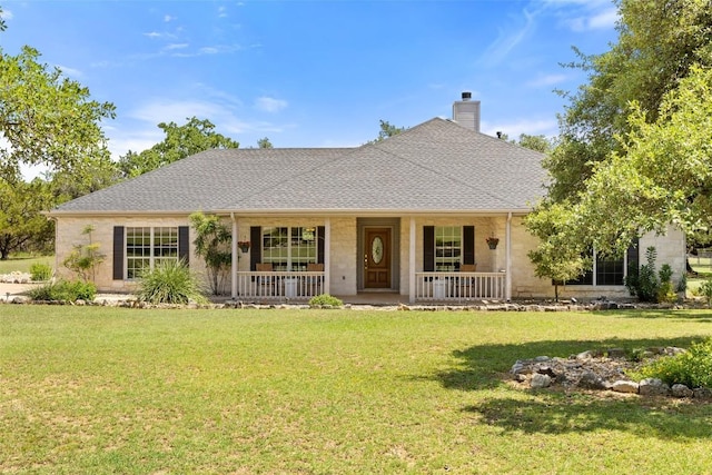 14717 Crosscreek Dr, Austin, TX 78737 - ranch-style home with covered porch, a chimney, a front lawn, and a shingled roof