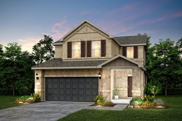 136 Inlet Ln, Leander, TX 78641 - view of front of property with stone siding, a garage, driveway, and roof with shingles