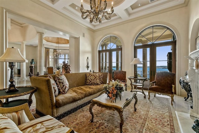 12821 Park Dr, Austin, TX 78732 - living area with a chandelier, crown molding, coffered ceiling, french doors, and a towering ceiling