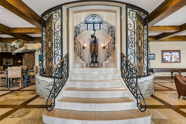 12821 Park Dr, Austin, TX 78732 - stairs with inlaid floor details, beamed ceiling, and coffered ceiling