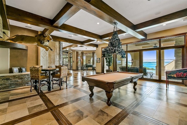12821 Park Dr, Austin, TX 78732 - game room with inlaid floor details, beam ceiling, billiards, coffered ceiling, and french doors