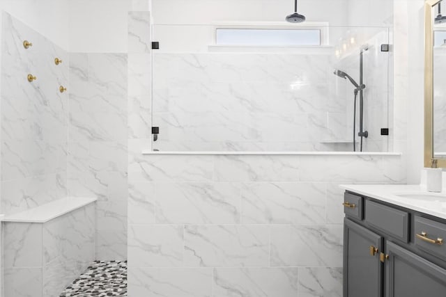 400 Turnbuckle Bnd, Leander, TX 78641 - bathroom featuring a marble finish shower and vanity