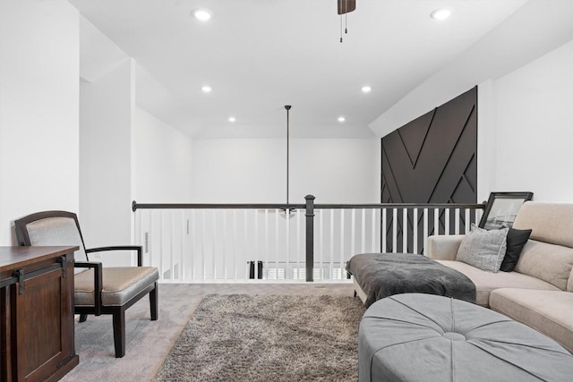 400 Turnbuckle Bnd, Leander, TX 78641 - living room featuring light carpet, recessed lighting, and ceiling fan