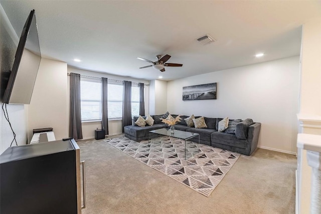 1224 Euless Ln, Leander, TX 78641 - living room with light carpet, ceiling fan, and recessed lighting
