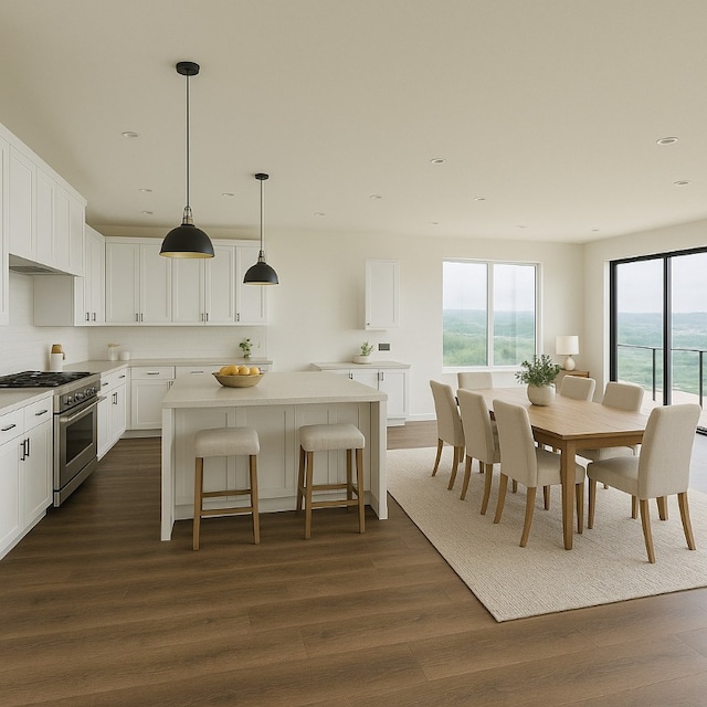 2404 Big Horn Dr, Austin, TX 78734 - dining space featuring dark wood finished floors, recessed lighting, and a water view