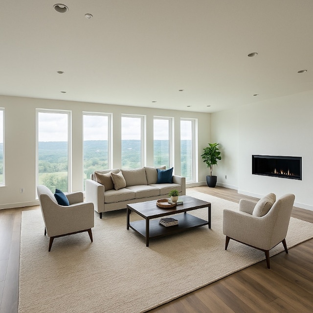 2404 Big Horn Dr, Austin, TX 78734 - living room with wood finished floors, a lit fireplace, and recessed lighting