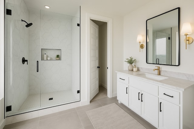2404 Big Horn Dr, Austin, TX 78734 - full bathroom with vanity, a shower stall, tile patterned flooring, and recessed lighting