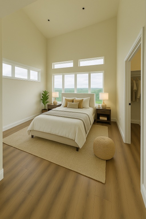 2404 Big Horn Dr, Austin, TX 78734 - bedroom with multiple windows, wood finished floors, and a walk in closet