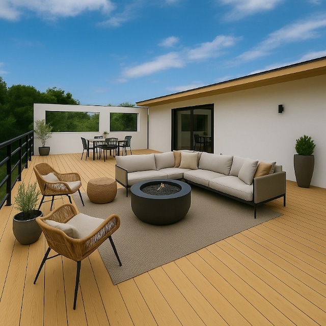 2404 Big Horn Dr, Austin, TX 78734 - wooden deck featuring an outdoor living space with a fire pit and outdoor dining area