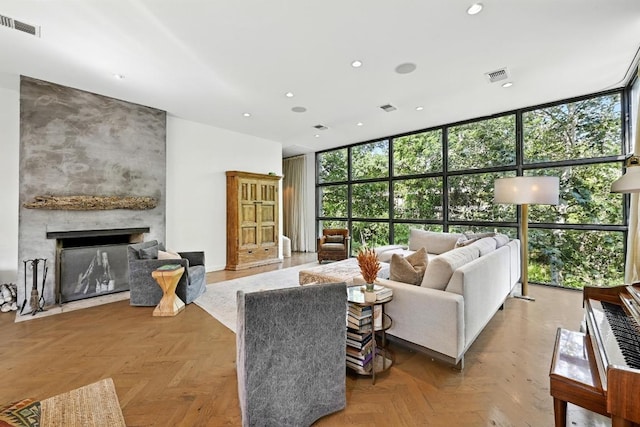 1700 S 6th St, Austin, TX 78704 - living area featuring a wall of windows, healthy amount of natural light, a large fireplace, and recessed lighting