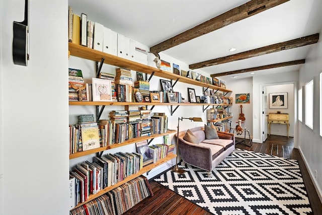 1700 S 6th St, Austin, TX 78704 - living area with hardwood / wood-style flooring, baseboards, beamed ceiling, and recessed lighting