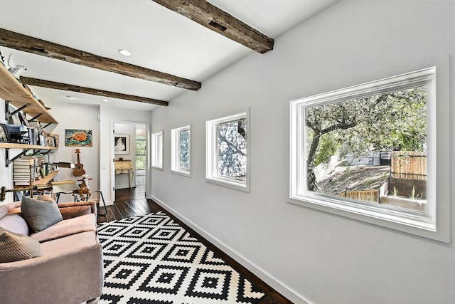 1700 S 6th St, Austin, TX 78704 - living area featuring baseboards, beamed ceiling, dark wood-style floors, and recessed lighting