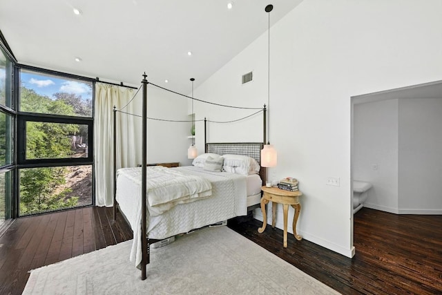 1700 S 6th St, Austin, TX 78704 - bedroom with floor to ceiling windows, wood-type flooring, baseboards, high vaulted ceiling, and recessed lighting