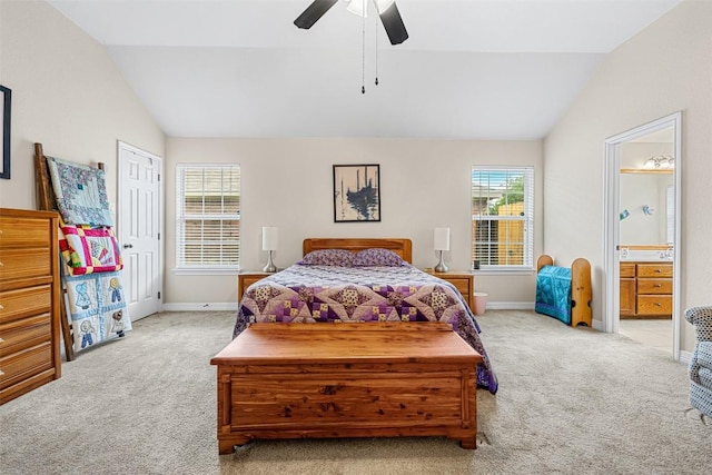 1907 Merlin Dr, Harker Heights, TX 76548 - bedroom featuring lofted ceiling, carpet flooring, ensuite bathroom, and a ceiling fan